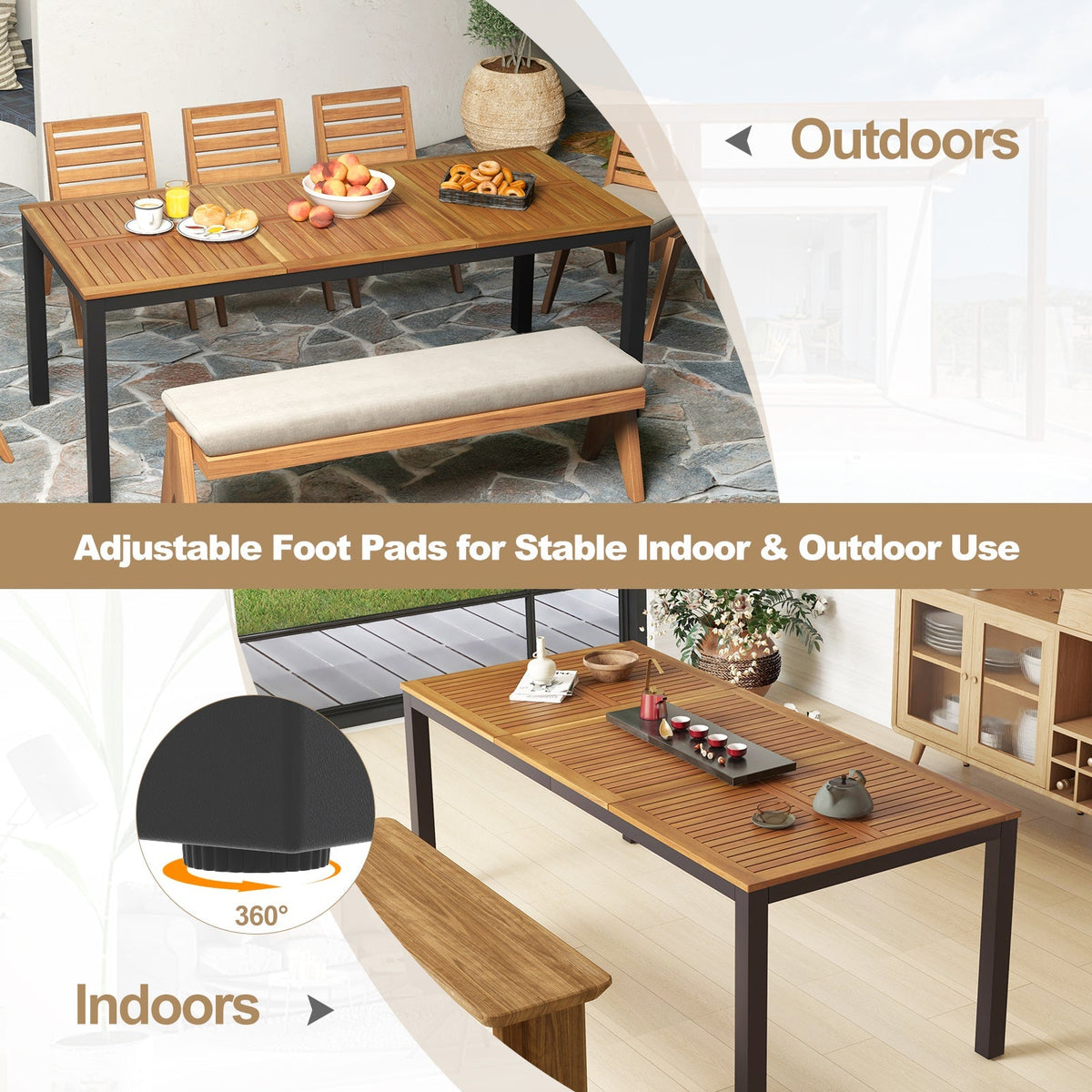79-Inch Acacia Wood Outdoor Dining Table with Umbrella Hole