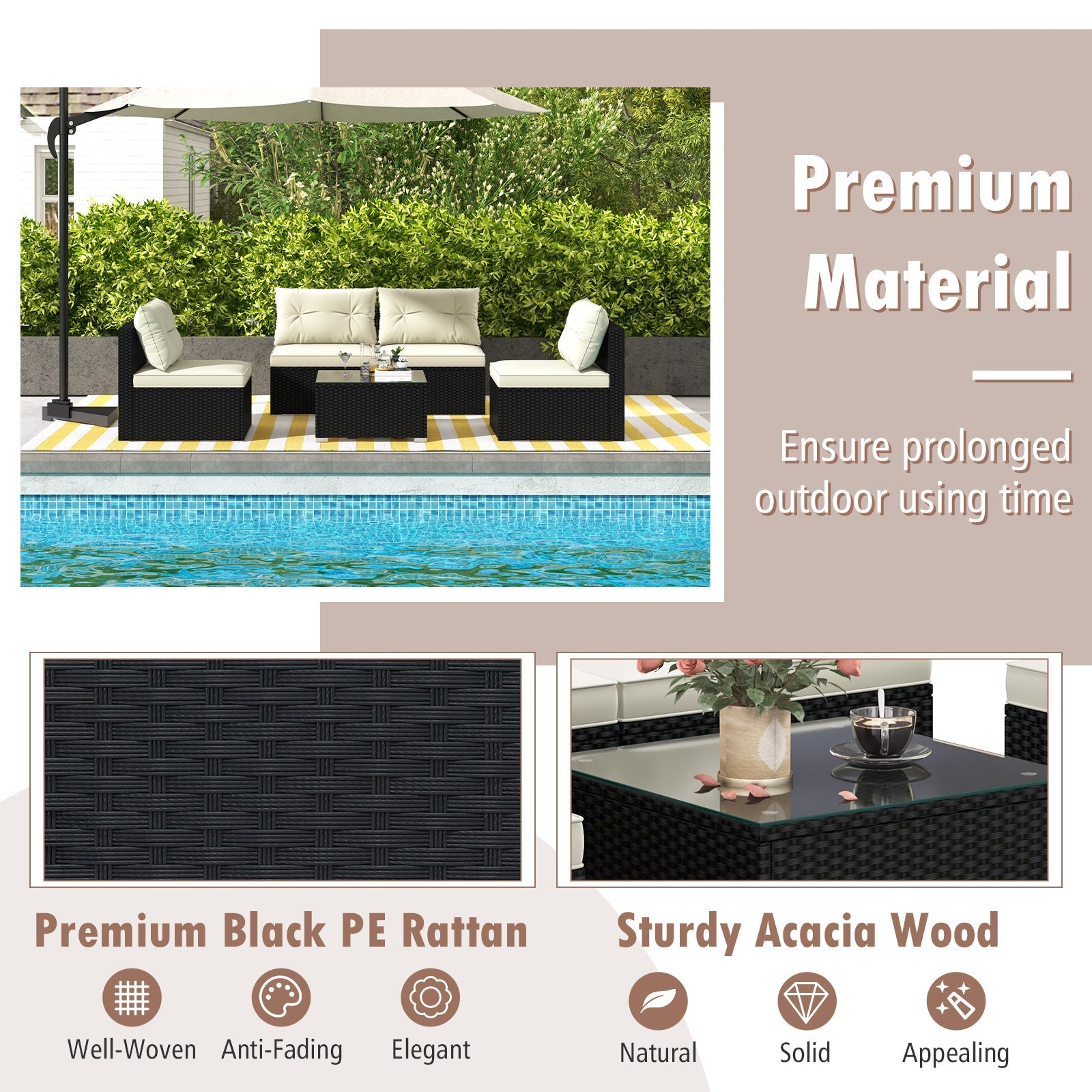5-Piece Outdoor Patio Furniture Set with Cushions and Coffee Table