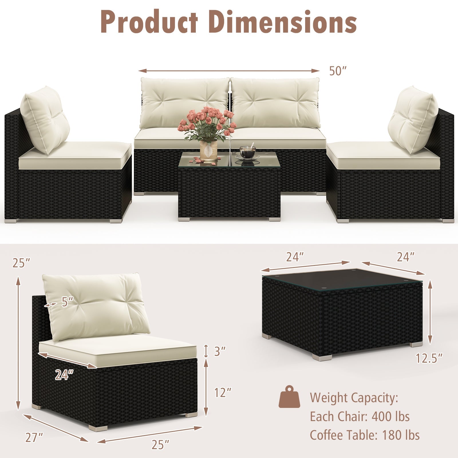 5-Piece Outdoor Patio Furniture Set with Cushions and Coffee Table