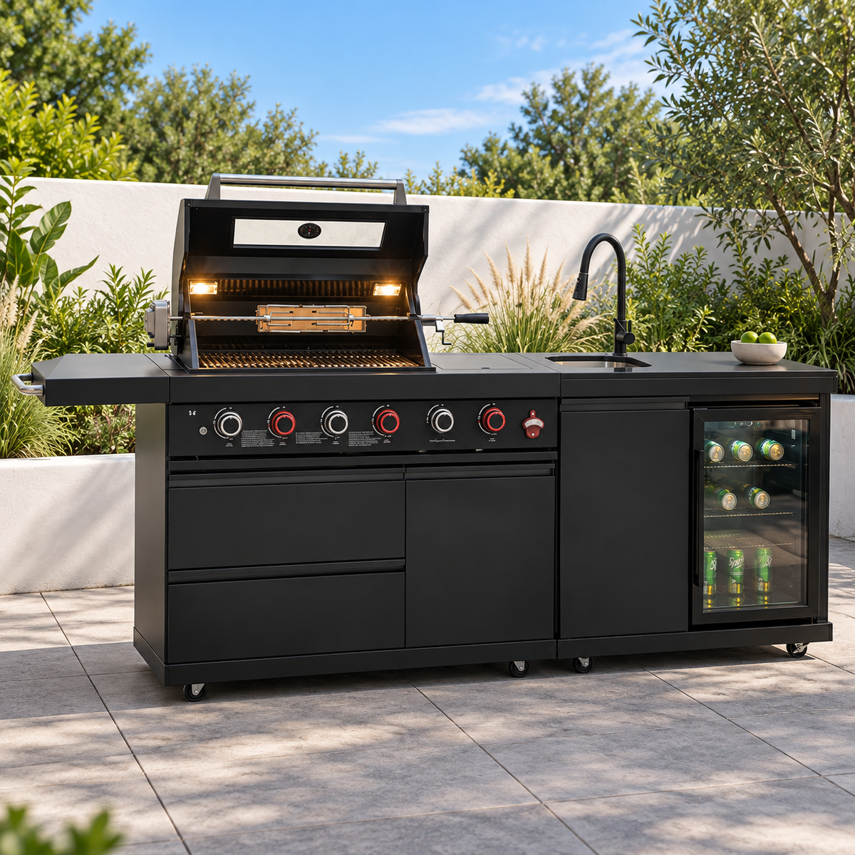 46-Inch 4-Burner Outdoor BBQ Island with Sink, Beverage Fridge, Rotisserie and Granite Countertop