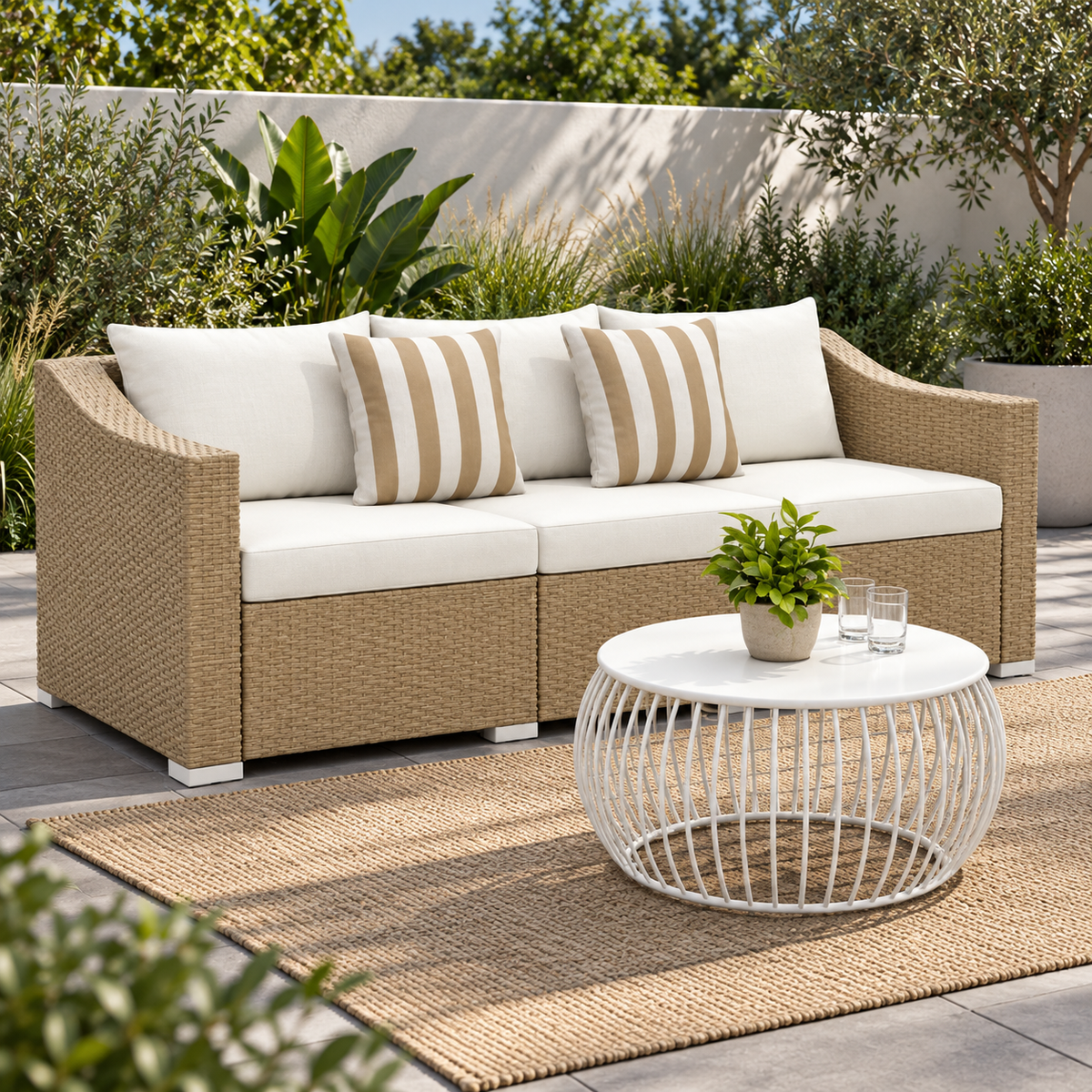 Outdoor Rattan Sofa with Cushions and Throw Pillows