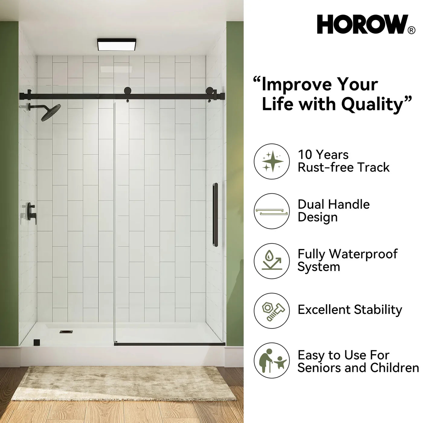 HOROW TE6076-MB Frameless Sliding Shower Door