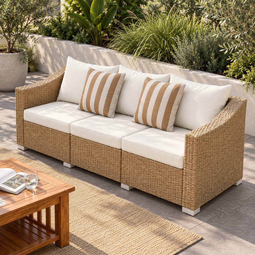 Outdoor Rattan Sofa with Cushions and Throw Pillows