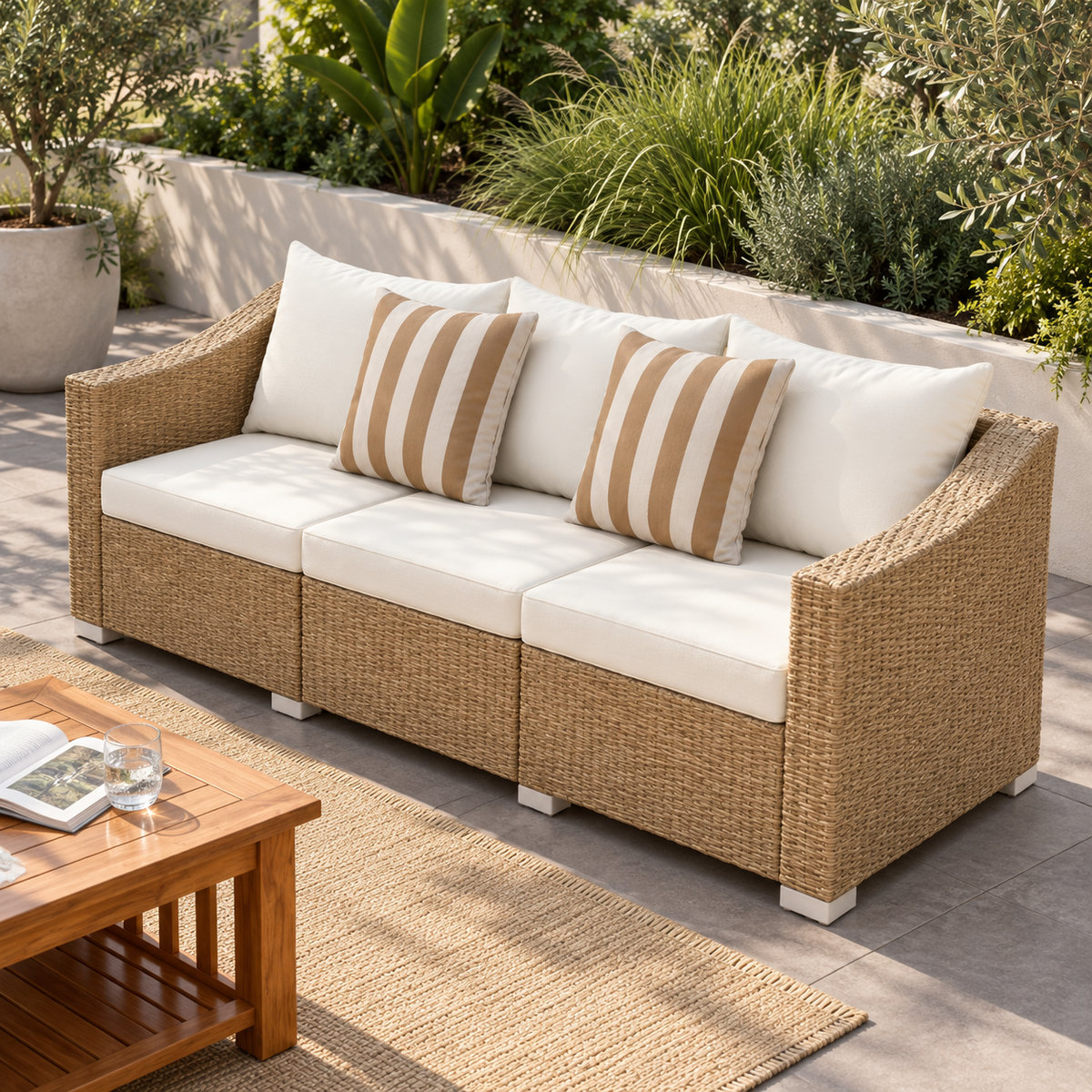 Outdoor Rattan Sofa with Cushions and Throw Pillows