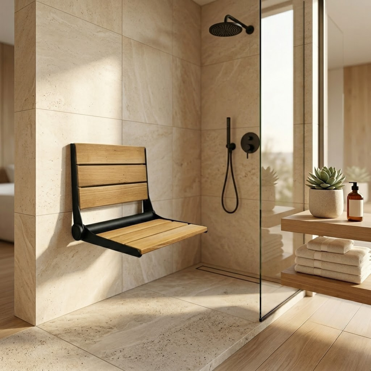 18" Teak Designer Wall Mounted Folding Shower Seat (with Auto-Rise)