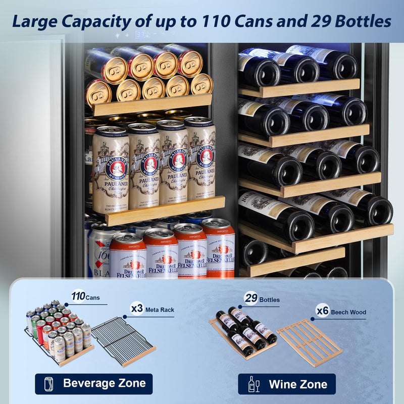 30" Dual Zone Wine and Beverage Refrigerator Quiet Black