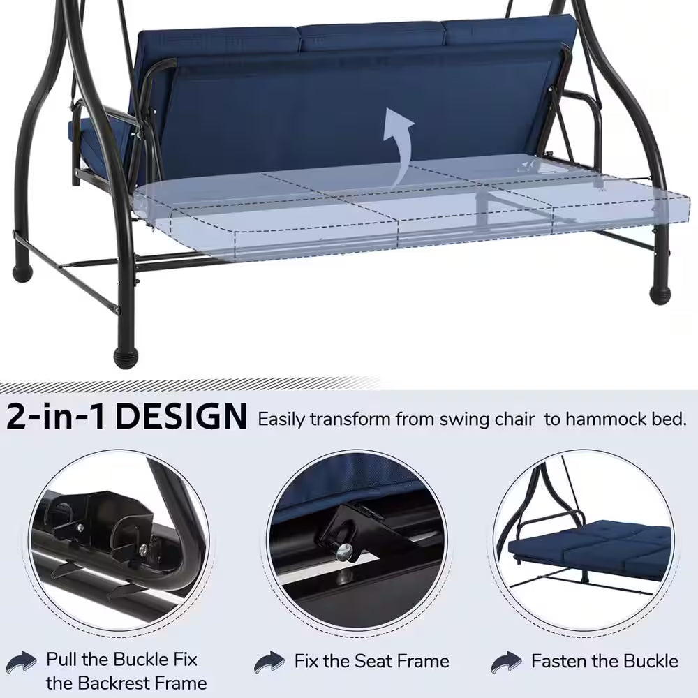 3-Person Metal Outdoor Patio Swing Canopy Hammock with Blue Cushions