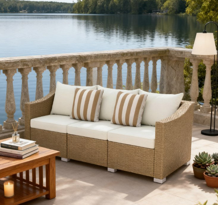Outdoor Rattan Sofa with Cushions and Throw Pillows