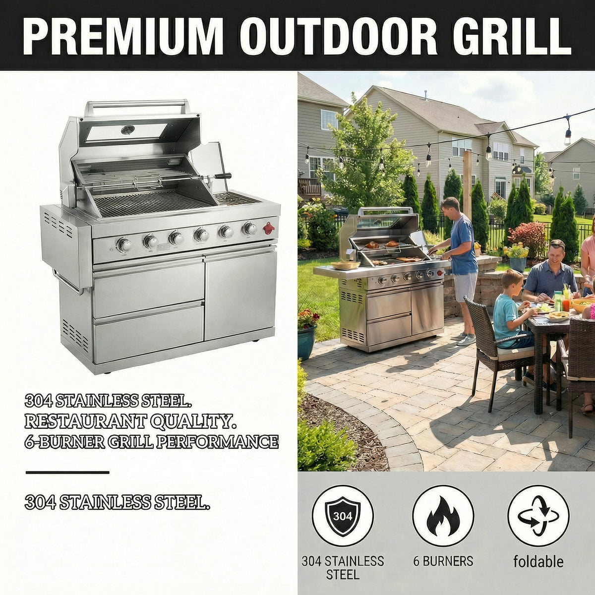 6-Burner 75,300 BTU Stainless Steel Outdoor Kitchen Gas Grill