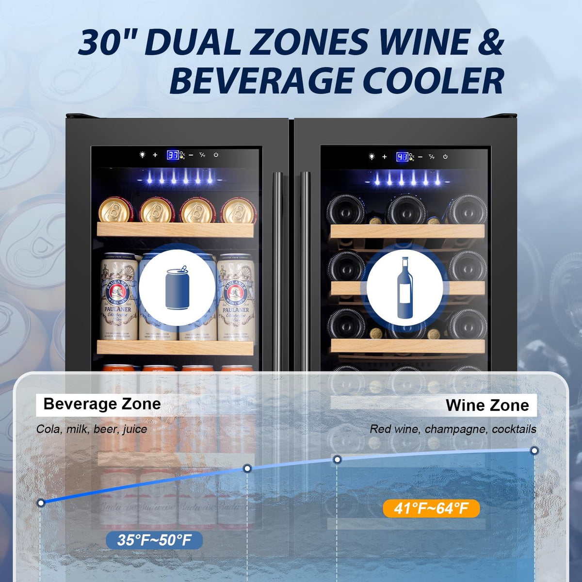 30" Dual Zone Wine and Beverage Refrigerator Quiet Black