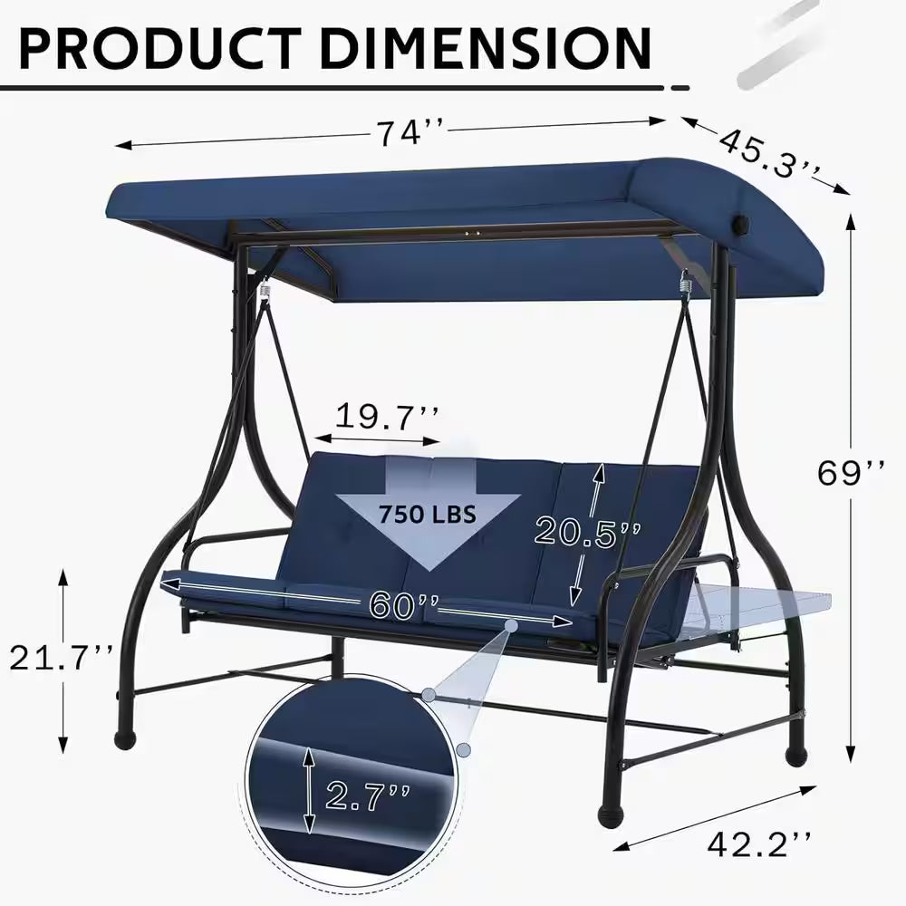 3-Person Metal Outdoor Patio Swing Canopy Hammock with Blue Cushions