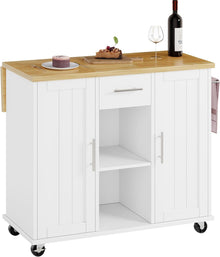 Island Table for Kitchen with Storage, Portable Kitchen Island Cart with Drop Leaf, Rolling Kitchen Island Table with Drawer, Cabinet & Towel Rack, Farmhouse Kitchen Island, White