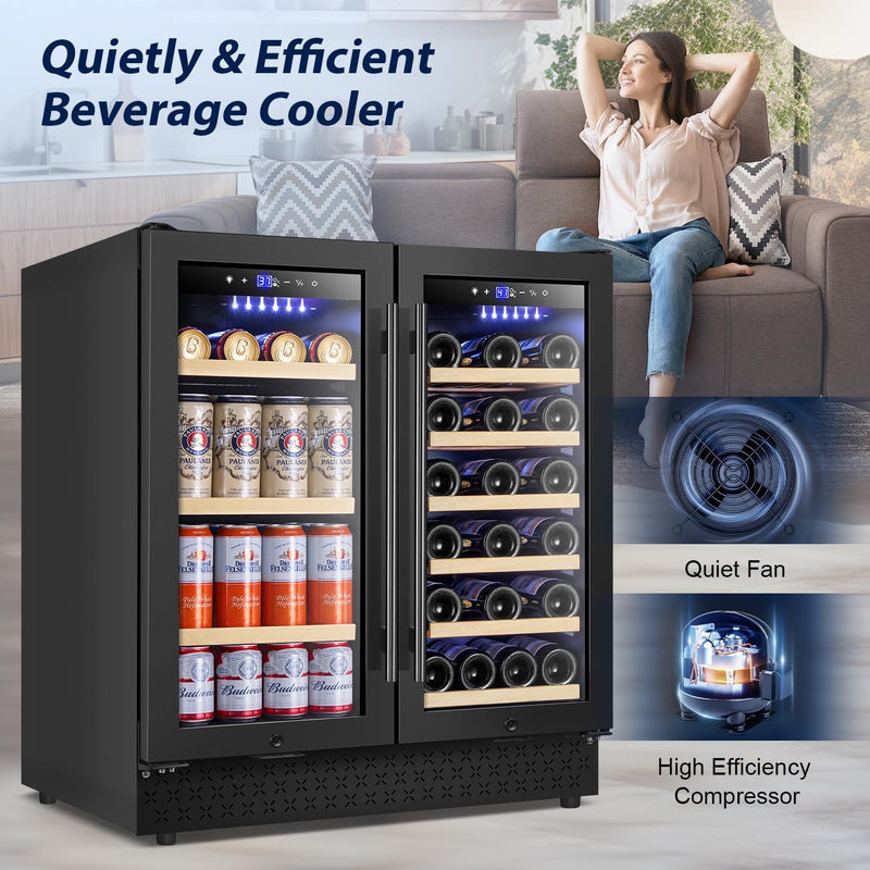 30" Dual Zone Wine and Beverage Refrigerator Quiet Black