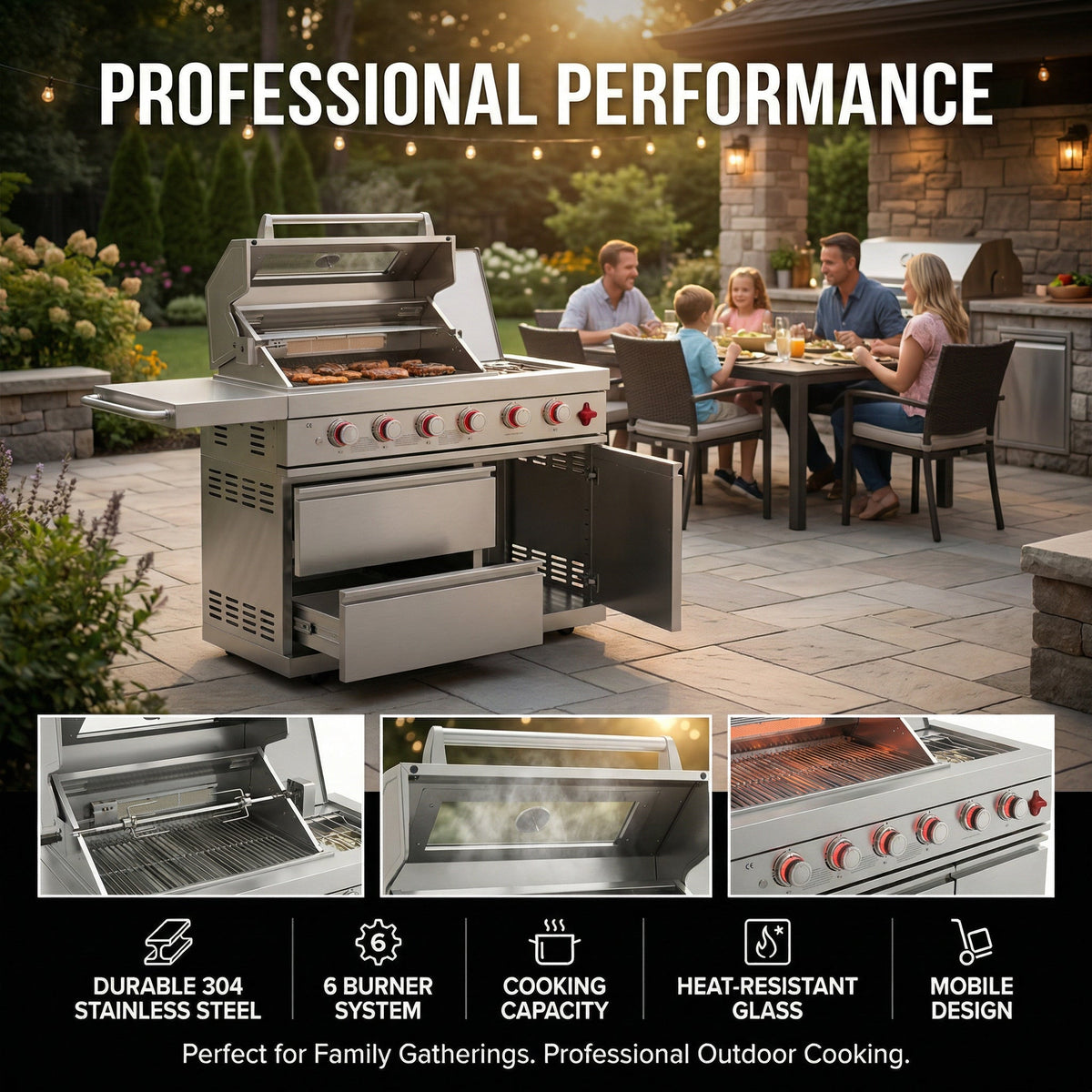 6-Burner 75,300 BTU Stainless Steel Outdoor Kitchen Gas Grill