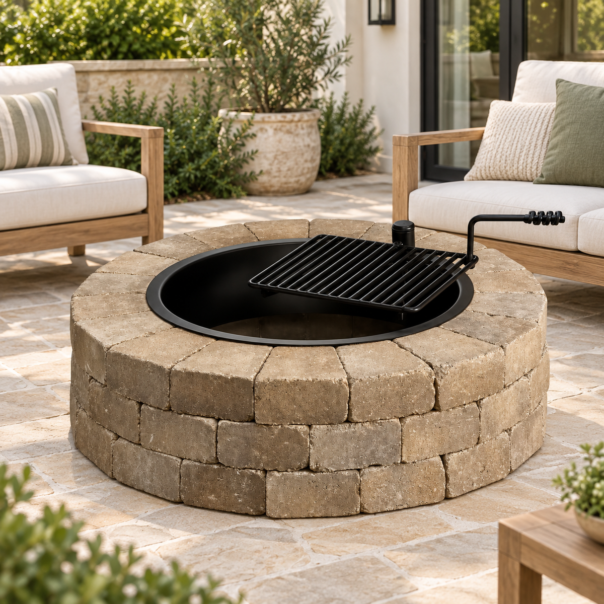 48-Inch Round Concrete Fire Pit Kit with Swivel Cooking Grate