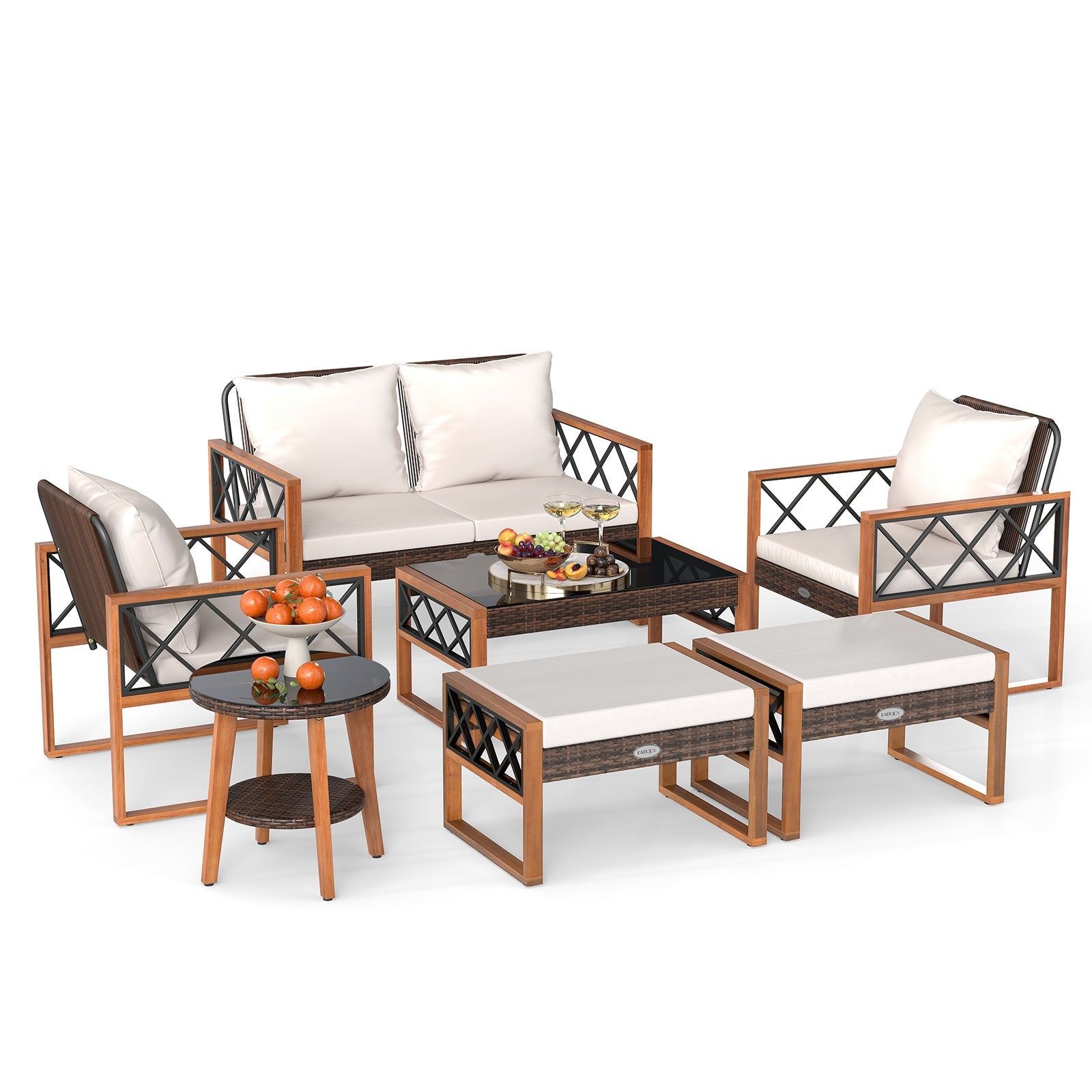 7-Piece PE Wicker and Acacia Wood Outdoor Conversation Set