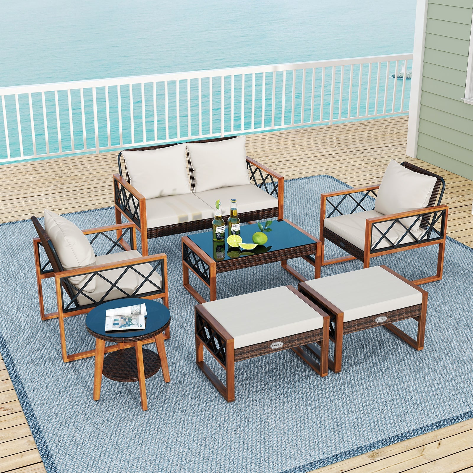 7-Piece PE Wicker and Acacia Wood Outdoor Conversation Set