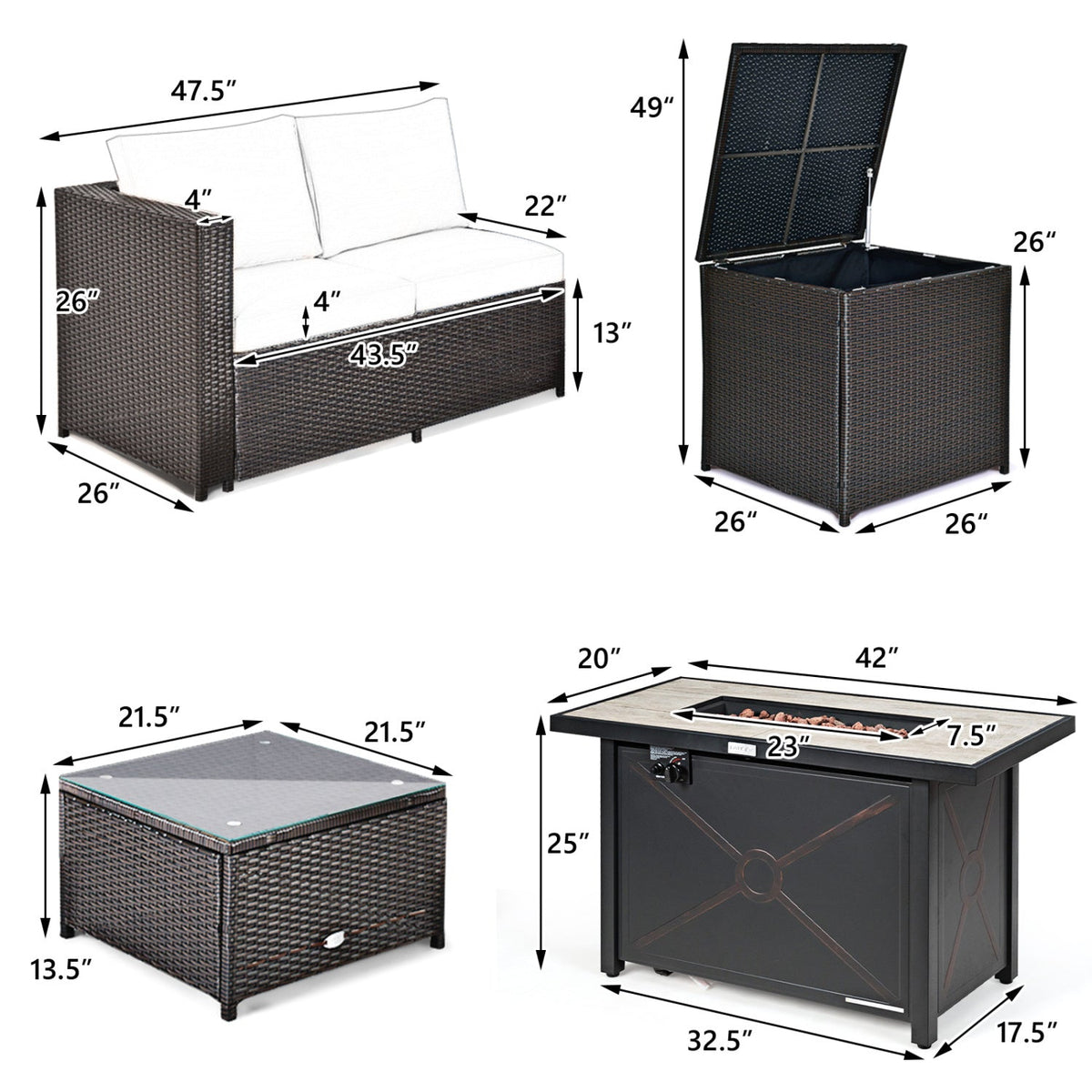 5-Piece Patio Furniture Set with 60,000 BTU Propane Fire Pit Table