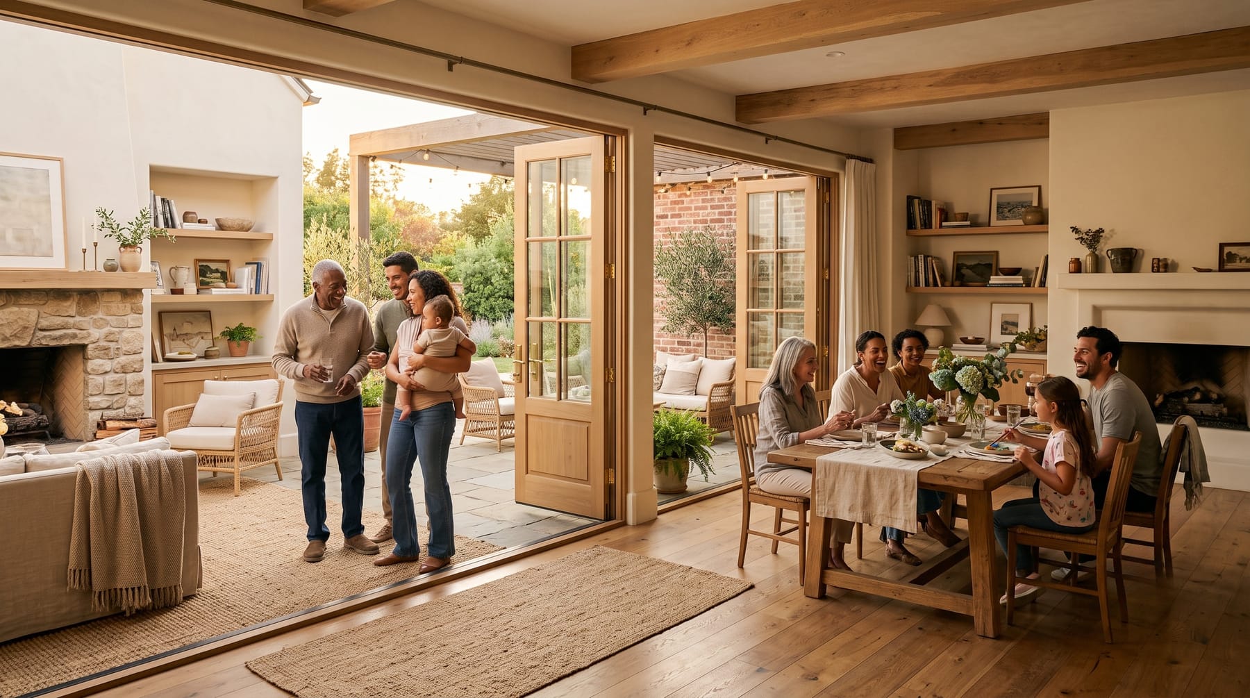 An indoor-outdoor CareWay home gathering at golden hour