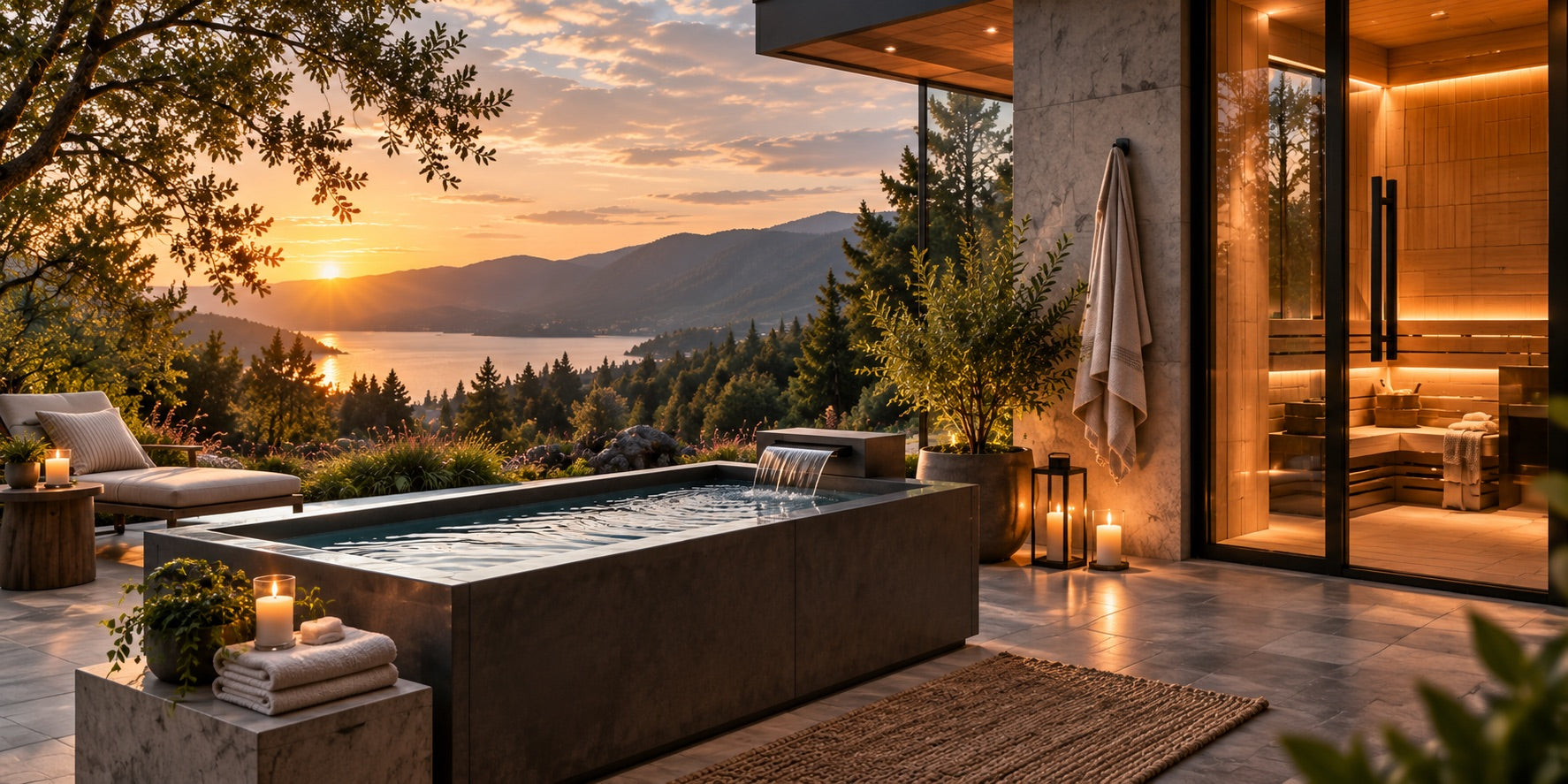 An outdoor cold plunge pool at dusk beside a glowing home sauna