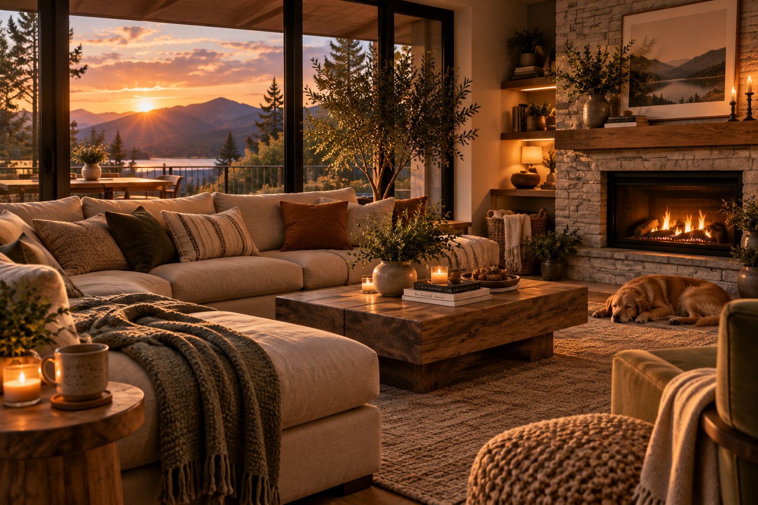 A warm living room at dusk with a deep sofa, a lit fireplace and a dog resting nearby