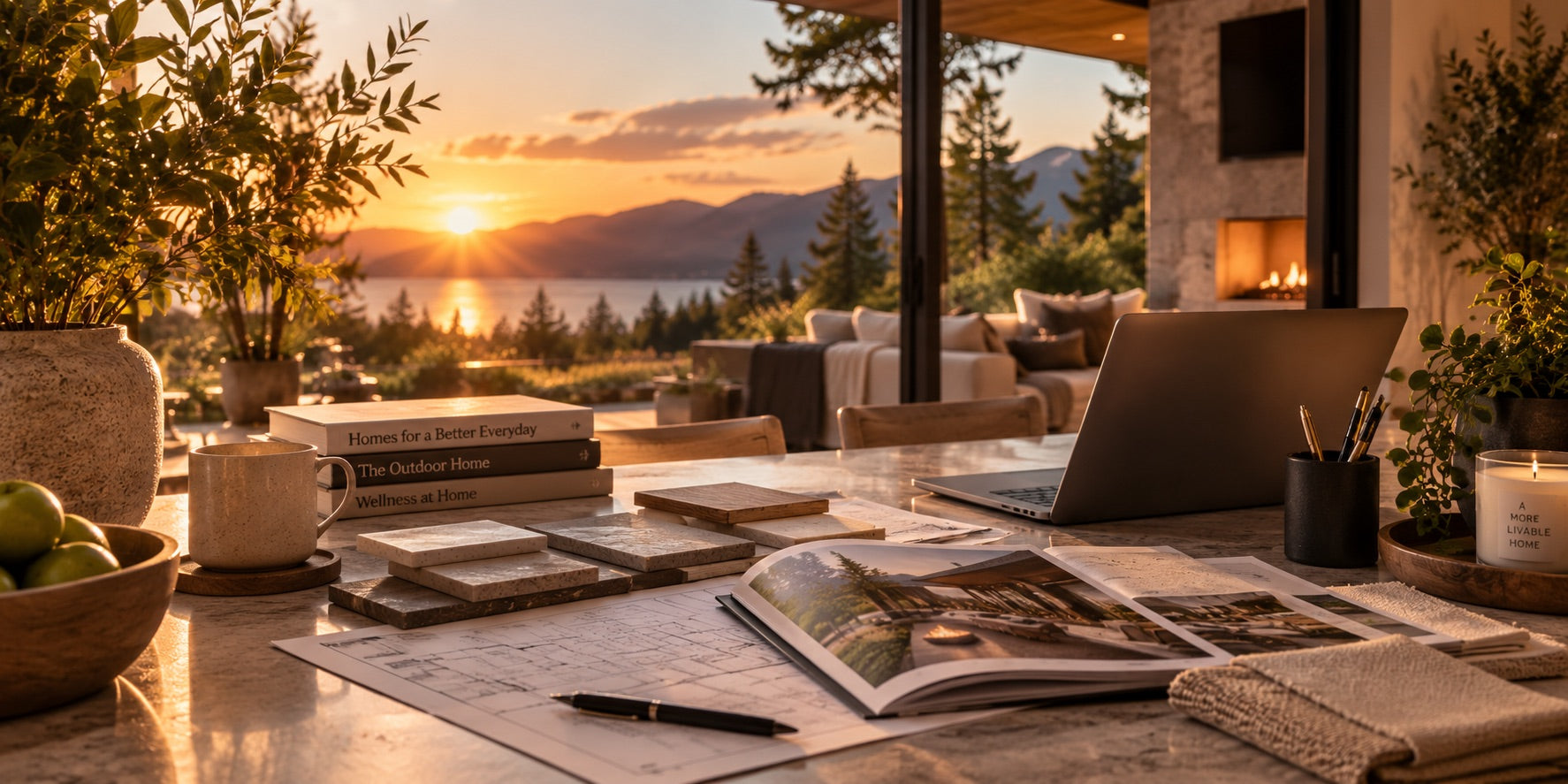 A table at sunset with a floor plan, stone and wood samples, an open design book and a laptop, looking out to an outdoor lounge with a fireplace, a lake and mountains