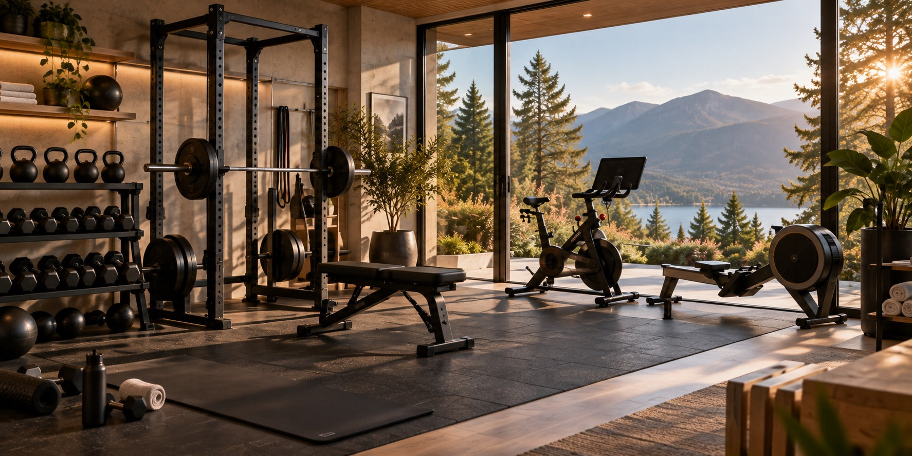 A home gym with free weights and cardio equipment facing a mountain view