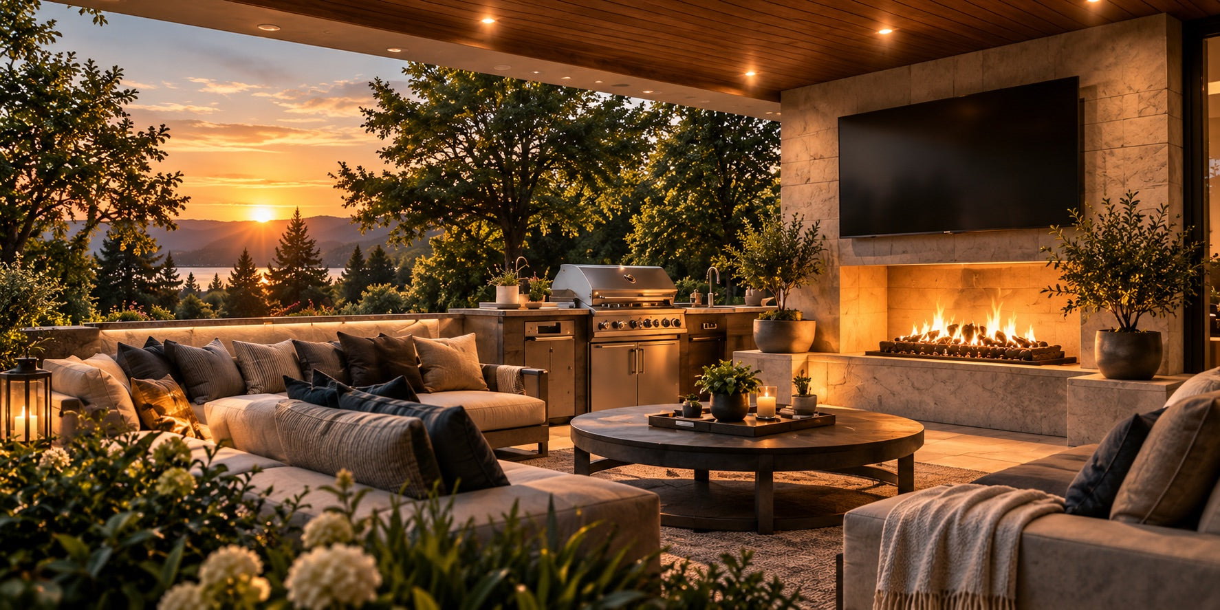 An outdoor lounge with a fireplace, TV and grill at sunset