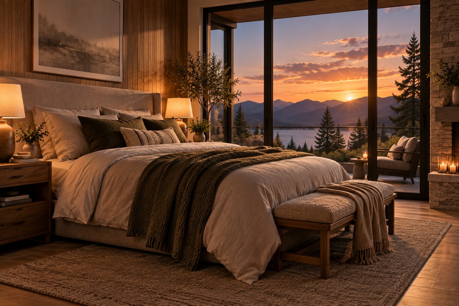 A calm bedroom at sunset with layered linens, a knit throw and a mountain view