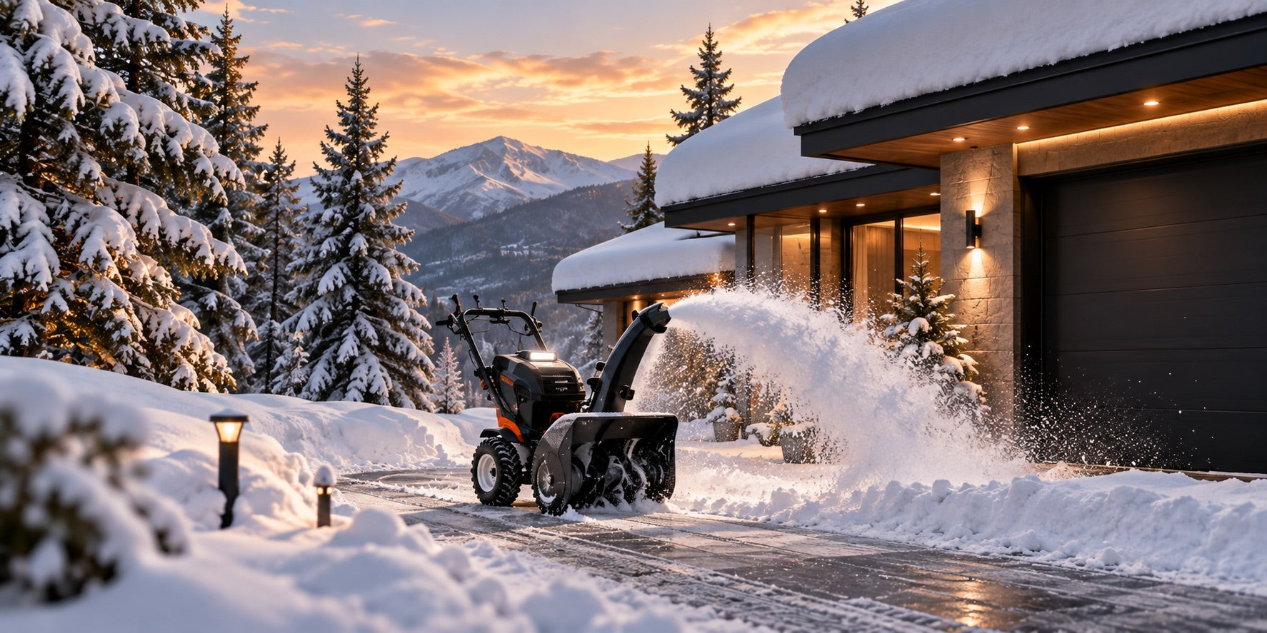 A robotic-style snow blower clearing a snowy driveway at dusk