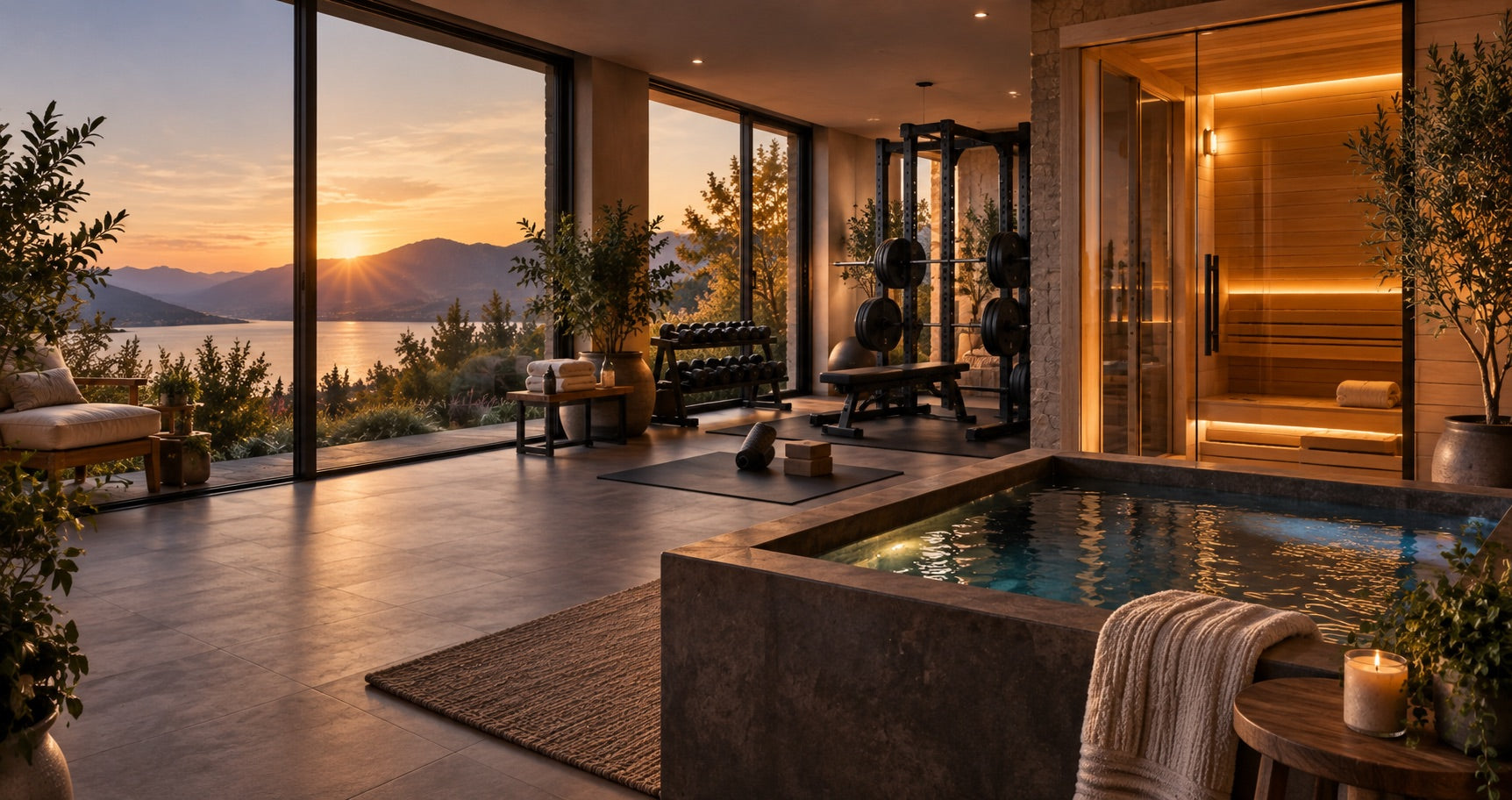 A home wellness space with a sauna, cold plunge and gym equipment overlooking a sunset view