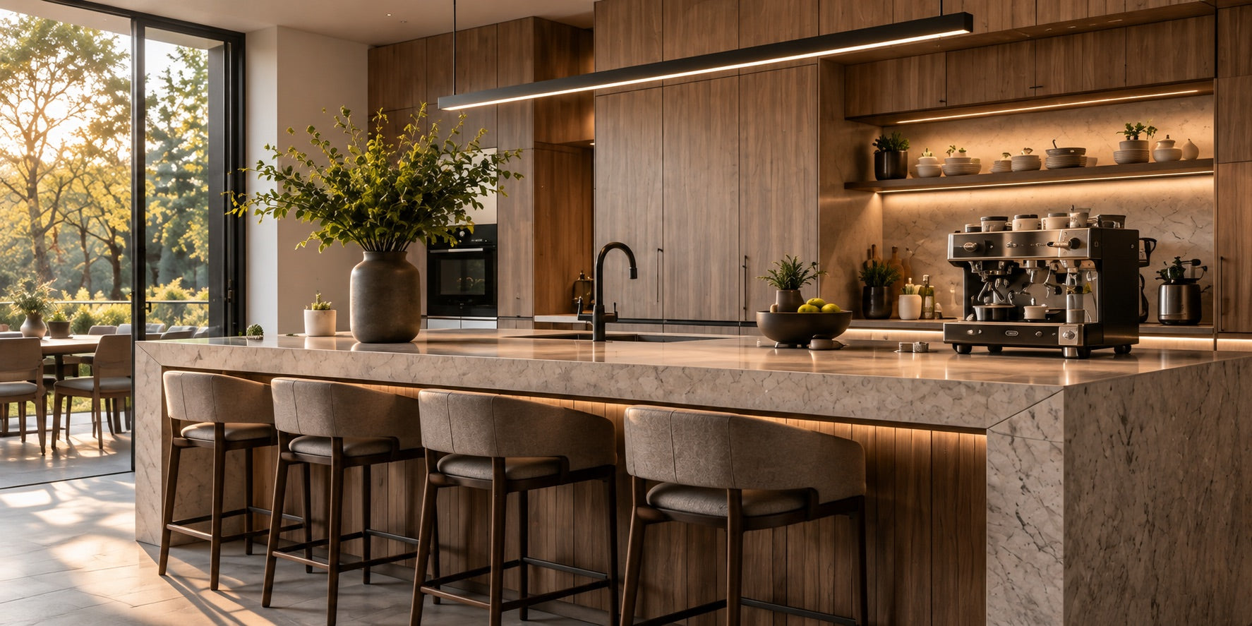 A sunlit kitchen island with an espresso machine and morning light