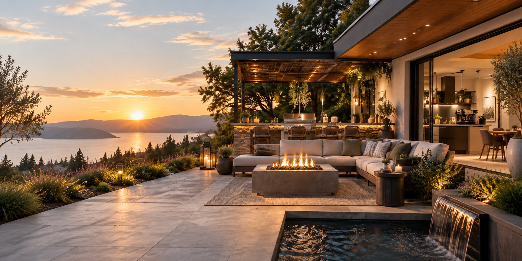 Outdoor living space at sunset with a fire pit, pergola and lake view