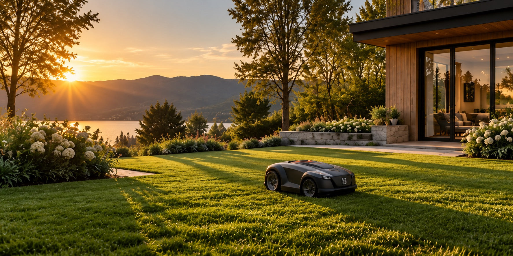 A robotic mower on a lush lawn at golden hour with a lake view