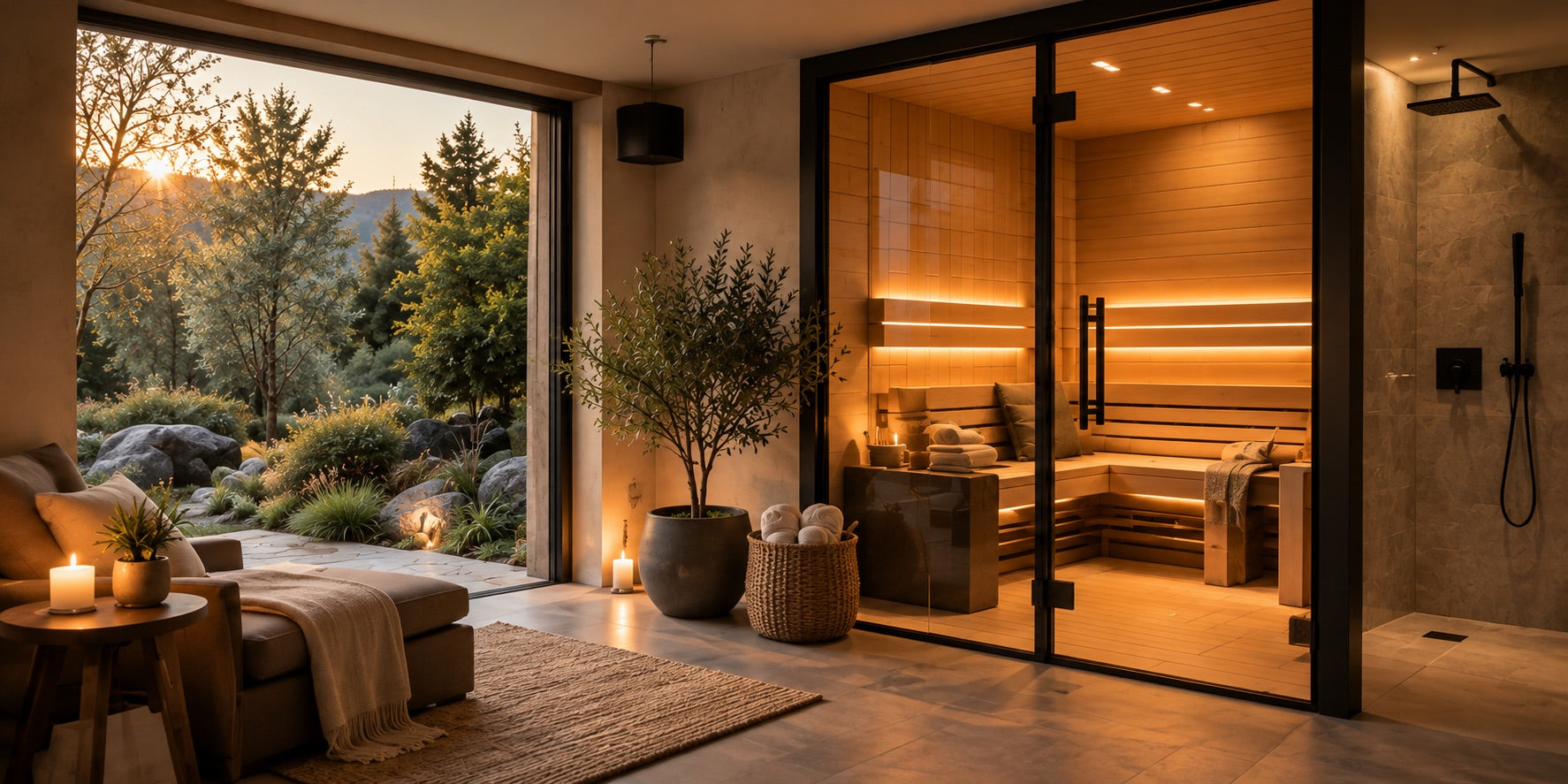 A home sauna glowing warm at dusk beside a mountain-view lounge
